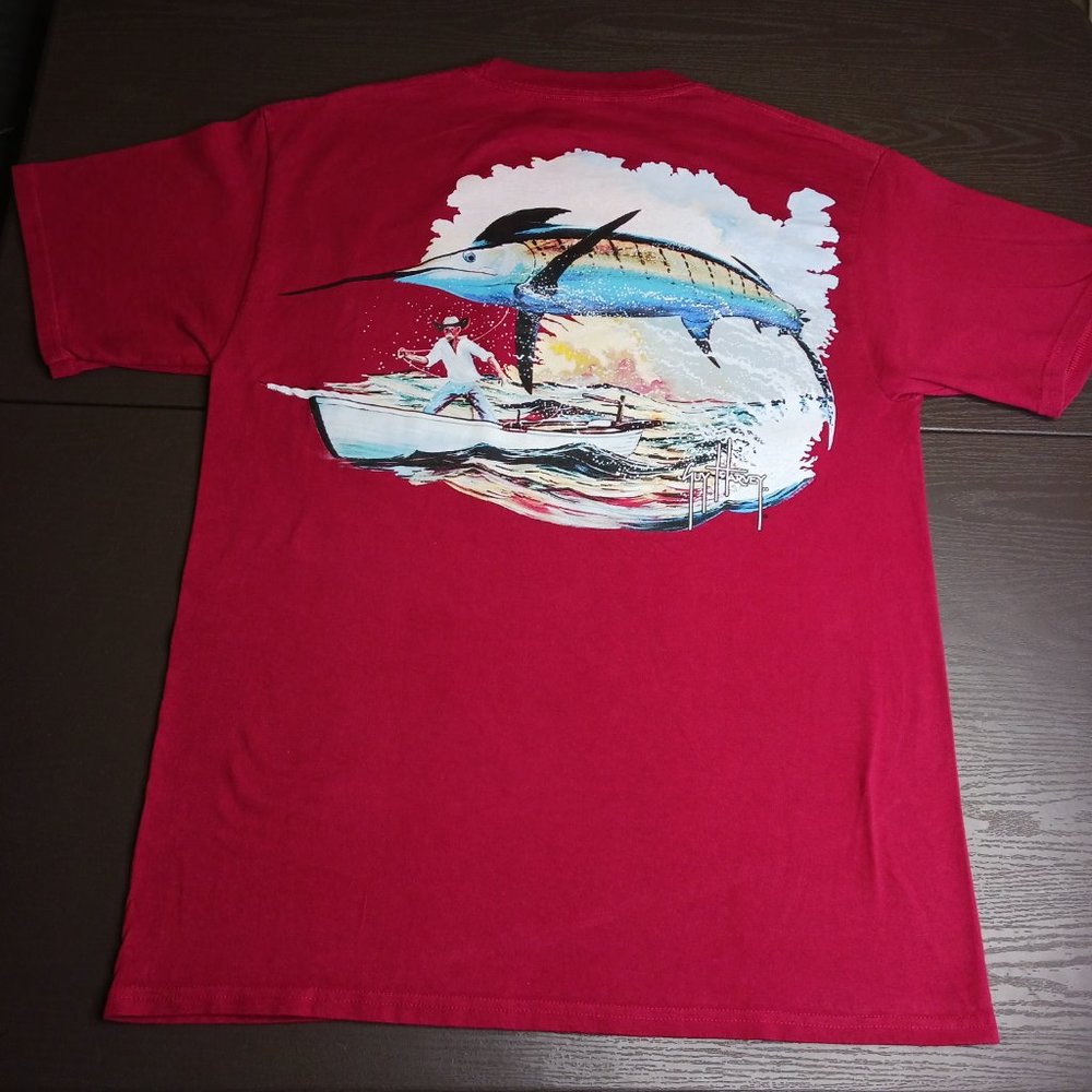 Guy Harvey By AFTCO Bluewater T Shirt 2004 Blue Marlin Fish Logo Pocket Mens M